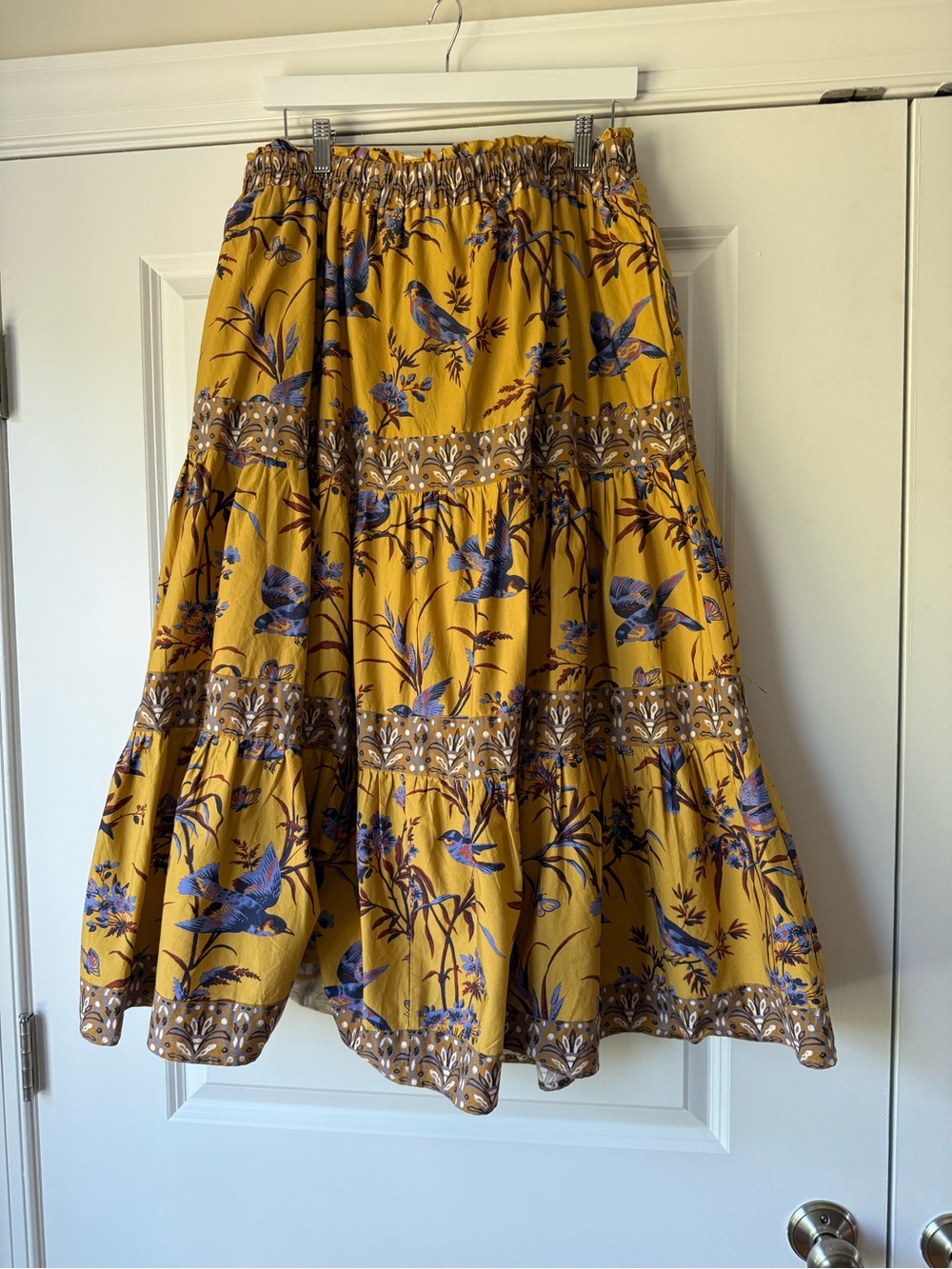 Sundance Parisian Menagerie Tiered Bird Print Midi Skirt in Mustard, Lined, XL - Picture 9 of 14